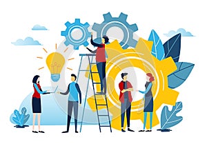 Mini people create idea to success. Business illustration vector graphic on white background. Flat cartoon miniature character. photo