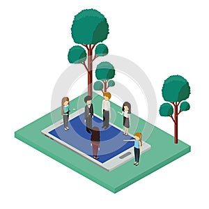 Mini people with forest scene and smartphone
