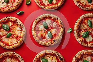 Mini pepperoni pizzas on red background. Top view, flatlay composition. Generative Ai