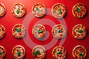 Mini pepperoni pizzas on red background. Top view, flatlay composition. Generative Ai
