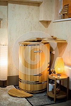 Mini phyto sauna - Cedar barrel. spa treatments. wooden bath. health concept, take care of your body.