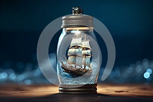 Mini pirate ship sails within an ocean in a bottle