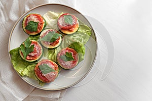 Mini pizza snack from oven baked zucchini slices, tomato, parmesan cheese and parsley garnish on a plate with lettuce leaves,