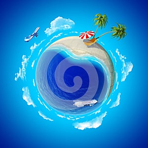 Mini planet concept. Sea shore holiays.