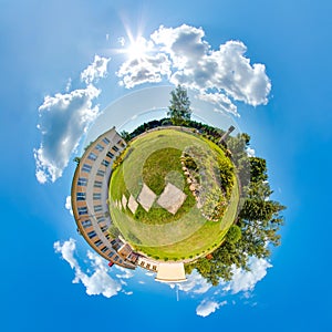 Mini planet Earth. Little planet earth with 360 viewing angle. Globe panorama of world. Summer little planet with trees, green