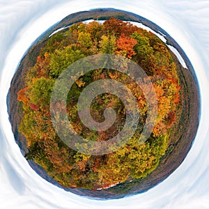 Mini planet view of Adirondack from top of Kane mountain during fall