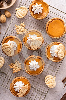 Mini pumpkin pies for Thanksgiving with leaves and pumpkin garnishes and whipped cream