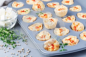 Mini quiche muffins with feta cheese, fried onion, thyme and red bell pepper, in a baking form, horizontal