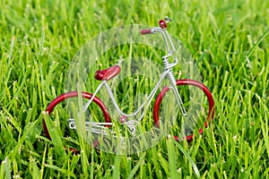 mini red toy bike on grass