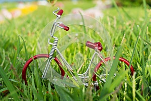 mini red toy bike on grass