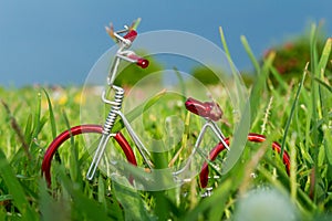 mini red toy bike on grass