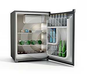 Mini refrigerator full of beverages isolated on white background. 3D illustration