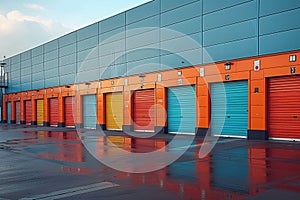 Mini rental storage units with vibrant colors, warehouse exterior