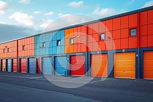 Mini rental storage units with vibrant colors, warehouse exterior