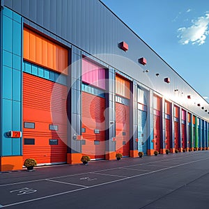 Mini rental storage units with vibrant colors, warehouse exterior