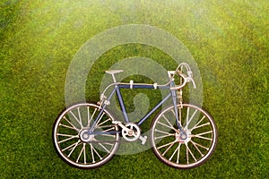 Mini retro toy bike on the grass meadow