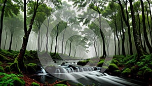 Mini River In The Green Forest Misty Morning Trees For Background