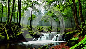 Mini River In The Green Forest Misty Morning Trees For Background