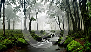 Mini River In The Green Forest Misty Morning Trees For Background