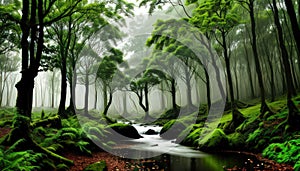 Mini River In The Green Forest Misty Morning Trees For Background