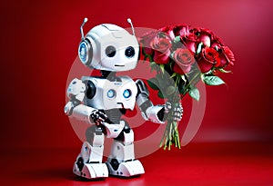 mini robot pointing olding roses bouquet at copy space on red background. Generative AI