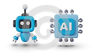 Mini robot, processor with AI label. Set of vector objects in cartoon 3D style