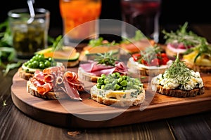 mini sandwiches with different cold cuts on an oak board