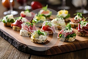 mini sandwiches with different cold cuts on an oak board