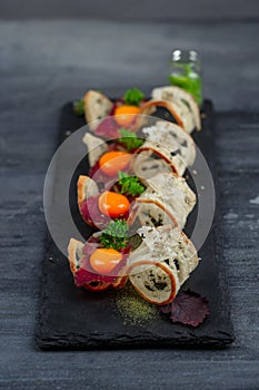 Mini sandwiches food set. Brushetta or authentic traditional spanish tapas for lunch table. Delicious snack, appetizer