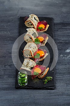 Mini sandwiches food set. Brushetta or authentic traditional spanish tapas for lunch table. Delicious snack, appetizer