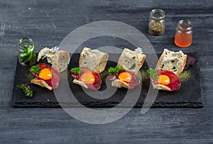 Mini sandwiches food set. Brushetta or authentic traditional spanish tapas for lunch table. Delicious snack, appetizer