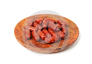 Mini Sausages Isolated, Dry Smoked Salami Sticks, Small Kielbasa, Cabanossi, Kabanos, Dry Embutido, Chorizo