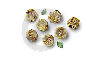 Mini savory tartlets isolated on white background - overhead photo