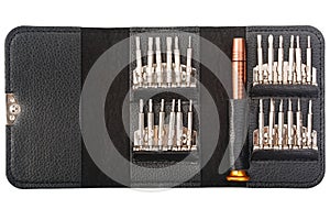 Mini screwdriver set in leather case close up