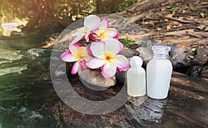 Mini set of bubble bath shower gel liquid with flowers and pebble on waterfall rock