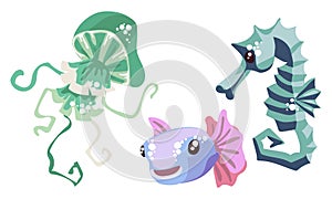 Mini set with jellyfish, fish, seahorse. Cute abstract animals in blue, pink and green tones swim in isolation on a