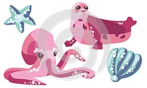 Mini set with pink octopus, seal and blue seashell, starfish. Cute animals swim in isolation on a white background