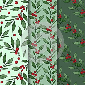 Mini-set of seamless patterns with foliate cranberry branches; ripe cranberries.