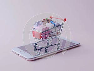 Mini shopping cart with gift boxes on a smartphone, symbolizing online shopping, e-commerce. Generative Ai