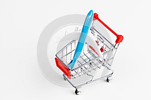 Mini Shopping Cart On The Table. Business , e-commerce concept