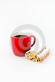 Mini Stollen and Red Mug with Coffee isolated on White