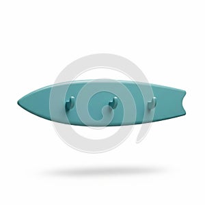 A mini surfboard-shaped wall hook rack in teal, floating in mid air horizontally on a solid white background