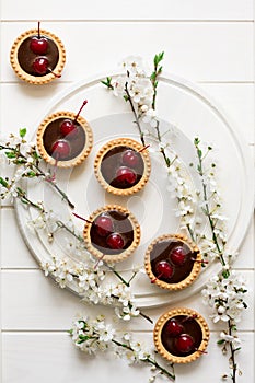 Mini tarts with chocolate and cherries decorated cherry blossom
