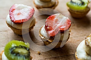 Mini Tarts, Tartolet or Tartlets with Strawberry, Cream and fresh fruits.