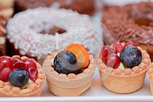 Mini tarts with vanilla cream, blueberries and pomegranate