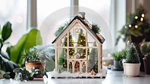 Mini tiny Christmas greenhouse in white room. Christmas terrarium with fir trees, moss, lights, mini houses, berries. Shop Glass