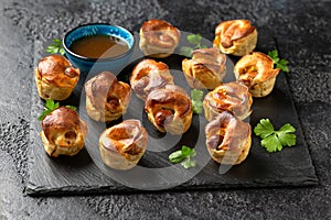 Mini Toad in the hole, Baked sausages in Yorkshire pudding with gravy