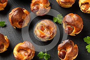 Mini Toad in the hole, Baked sausages in Yorkshire pudding with gravy