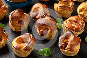 Mini Toad in the hole, Baked sausages in Yorkshire pudding with gravy