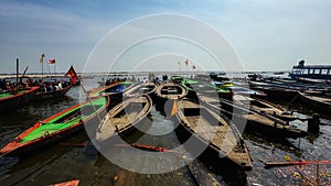 Mini tourist boats at ganga river ghat Varanasi india